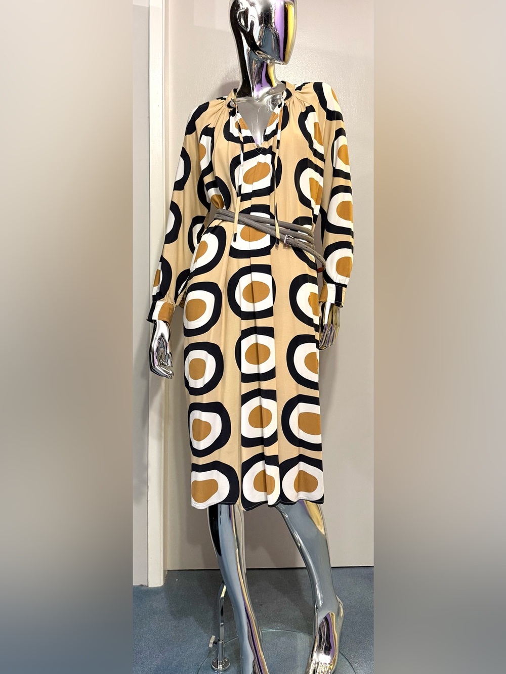 Marimekko Beige, White, Black, Caramel Geometric BOHO Long Sleeve Midi Dress - Picture 2 of 7